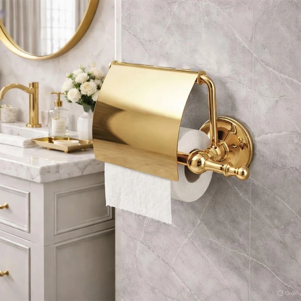 Lüx Kapaklı Gold Tuvalet Kağıtlığı Duvara Monte Metal Banyo WC Kağıtlık Şık ve Dayanıklı Tasarım ürün görseli 1