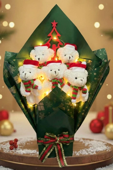 Premium Özel Yeni Yıl Serisi – Yeşil Konseptli LED Işıklı 5’li Noel Ayıcık Buketi ürün görseli 1