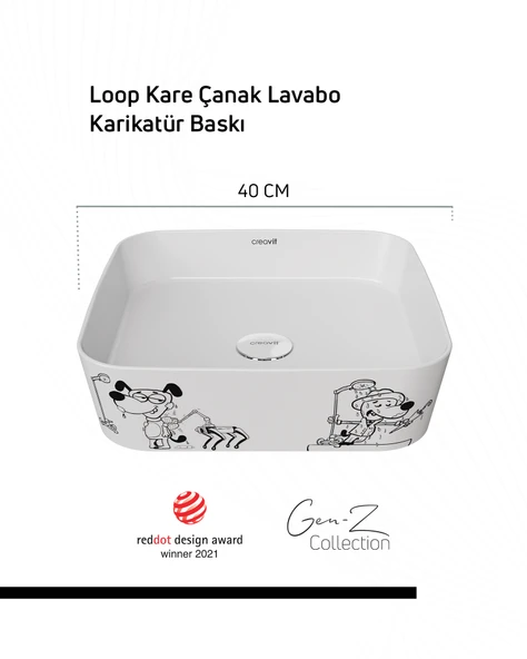 Loop Gen-Z Kare 40 cm Masa Üstü İnce Lavabo Karikatür Baskı Extra Beyaz ürün görseli 1