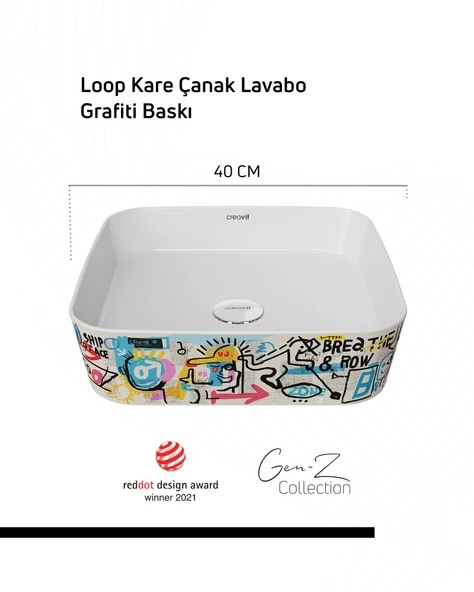 Loop Gen-Z Kare 40 cm Masa Üstü İnce Lavabo Grafiti Baskı Extra Beyaz ürün görseli 1