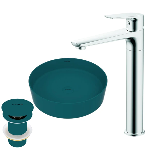 Loop Mint Yeşili Çanak Lavabo Armatür ve Sifon Başlığı Set ürün görseli 1