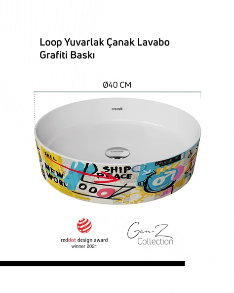 Loop Gen-Z Yuvarlak Masa Üstü Çanak Lavabo Ø40 cm Grafiti Baskı Extra Beyaz ürün görseli 1