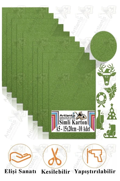 Yeşil Simli Karton A5 15x20 cm 10 lu 1 Paket Simli Fon Kartonu Parıltılı Kağıt Anasınıfı Kreş Etkinlik Proje ürün görseli 1