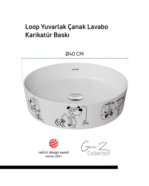 Loop Gen-Z Yuvarlak Masa Üstü Çanak Lavabo Ø40 cm Karikatür Baskı Extra Beyaz ürün görseli 1