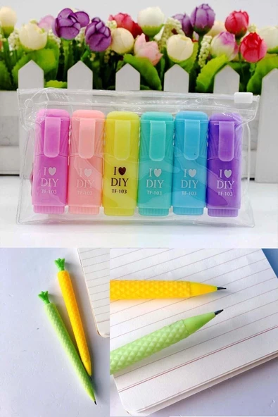 Patladı Gitti I Love Dıy Mottolu 6'lı Mini Fosforlu Kalem Ve Ananas Tasarımlı 0.7 Uçlu Versatil Kalem Seti F.k ürün görseli 1