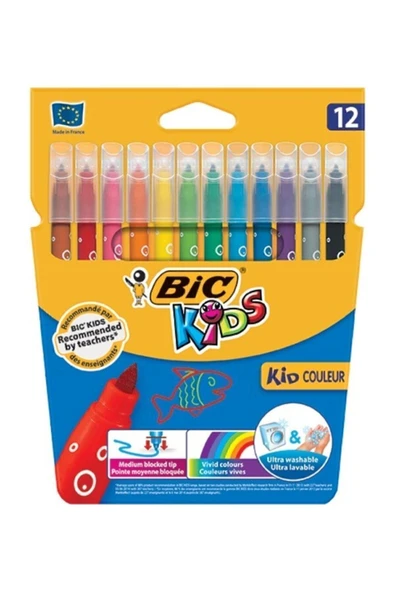 Bic Unisex Çocuk Sarı Kid Couleur Keçeli Boya Kalemi 12`li Kutu Ultra Yıkanabilir ürün görseli 1