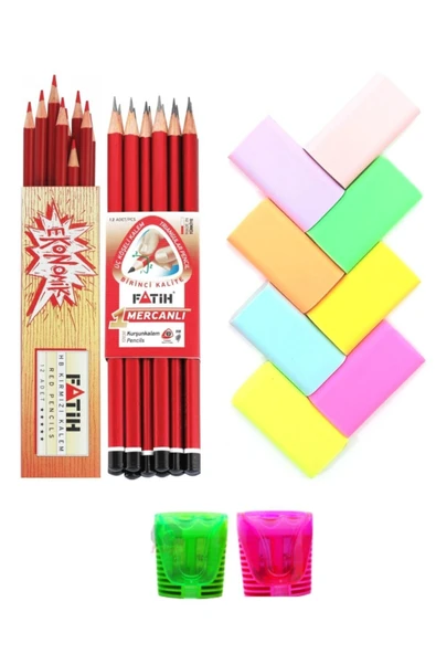 Fatih Kurşun Kalem 12 Adet + 12 Adet Kırmızı Başlık Kalemi + 2 Adet Onas Kalemtraş + 8'li Pastel Silgi ürün görseli 1