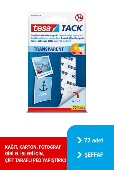 Tesa TACK, Kendinden Yapışkanlı,Tekrar kullanılabilir Pedler, Şeffaf, 72 adet ürün görseli 1