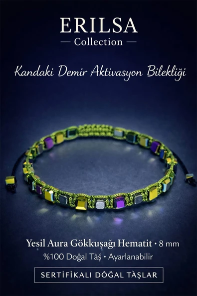 Sertifikalı Kandaki Demir Eksikliği Aktivasyon Bilekliği – Yeşil Aura Gökkuşağı Hematit Taşı ürün görseli 1