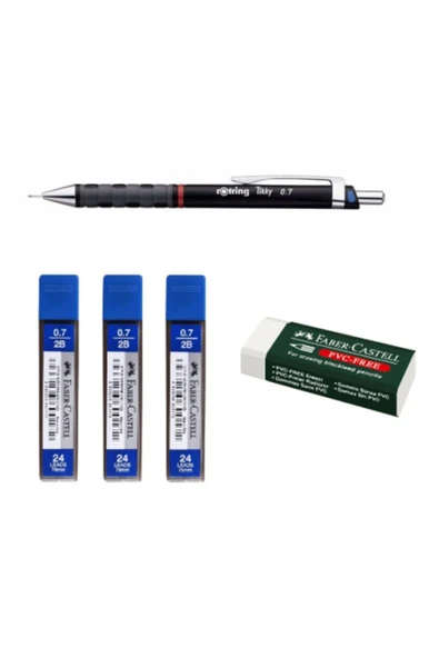 Rotring Tikky Versatil Kalem 0.7 Mm. 3 Adet Faber Castell 75 Mm 2b 0.7 Mm. 24'lü Tüp + Silgi Hediye ürün görseli 1