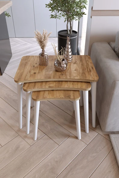 Zuesse Dizayn Beyza 3lü Zigon Sehpa & Yan Sehpa Beyaz Ahşap Ayaklı Salon Seti Çay Sehpası - Çam ürün görseli 1