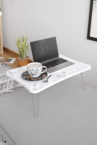 Zuesse Dizayn Taşınabilir Katlanır Laptop Sehpası  Beyaz Mermer ürün görseli 1