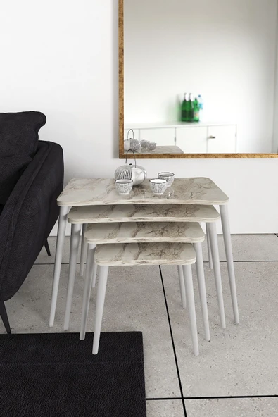 Zuesse Dizayn Selen 4lü Zigon Sehpa Ahşap Beyaz Ayaklı Salon Seti Çay Sehpası – Beyaz Mermer ürün görseli 1