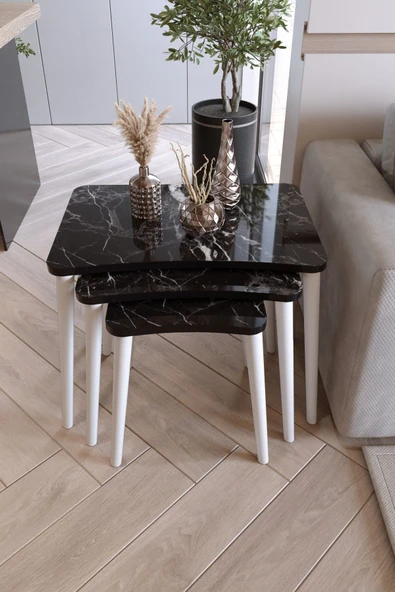 Zuesse Dizayn Beyza 3lü Zigon Sehpa & Yan Sehpa Beyaz Ahşap Ayaklı Salon Seti Çay Sehpası - Siyah Mermer ürün görseli 1