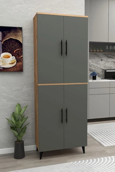 Zuesse Dizayn Meta 6 Raflı 4 Kapaklı Çok Amaçlı XL Dolap Mutfak Banyo Balkon Erzak Killer Dolabı Çam-Antrasit ürün görseli 1