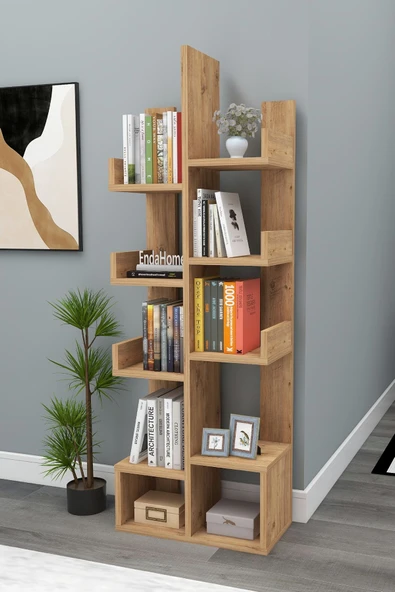 Zuesse Dizayn Gemini 10 Bölmeli Raflı Dekoratif Kitaplık Ofis Kitaplığı Dolap Evrak Rafı Ev Ofis Rafı - Çam ürün görseli 1