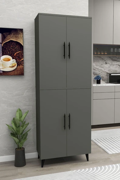 Zuesse Dizayn Meta 6 Raflı 4 Kapaklı Çok Amaçlı XL Dolap Mutfak Banyo Balkon Erzak Killer Dolabı - Antrasit ürün görseli 1