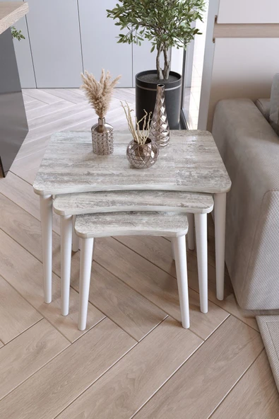 Zuesse Dizayn Beyza 3lü Zigon Sehpa & Yan Sehpa Beyaz Ahşap Ayaklı Salon Seti Çay Sehpası - Kristal ürün görseli 1