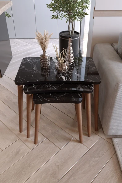 Zuesse Dizayn Reyhan 3lü Zigon Sehpa & Yan Sehpa Ahşap Ayaklı Salon Seti Çay Sehpası - Siyah Mermer ürün görseli 1