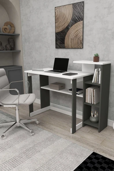 Zuesse Dizayn Lotus 5 Raflı Çalışma Masası Laptop Bilgisayar Masası Ofis Ders Yemek Çocuk Masası Antrasit-Beyaz ürün görseli 1