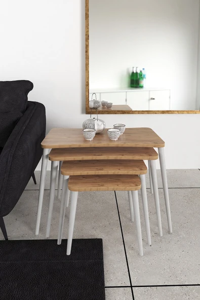 Zuesse Dizayn Selen 4lü Zigon Sehpa Ahşap Beyaz Ayaklı Salon Seti Çay Sehpası – Çam ürün görseli 1