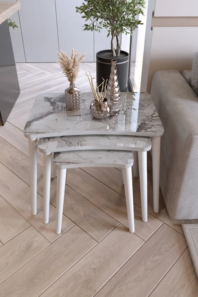 Zuesse Dizayn Beyza 3lü Zigon Sehpa & Yan Sehpa Beyaz Ahşap Ayaklı Salon Seti Çay Sehpası - Beyaz Mermer ürün görseli 1