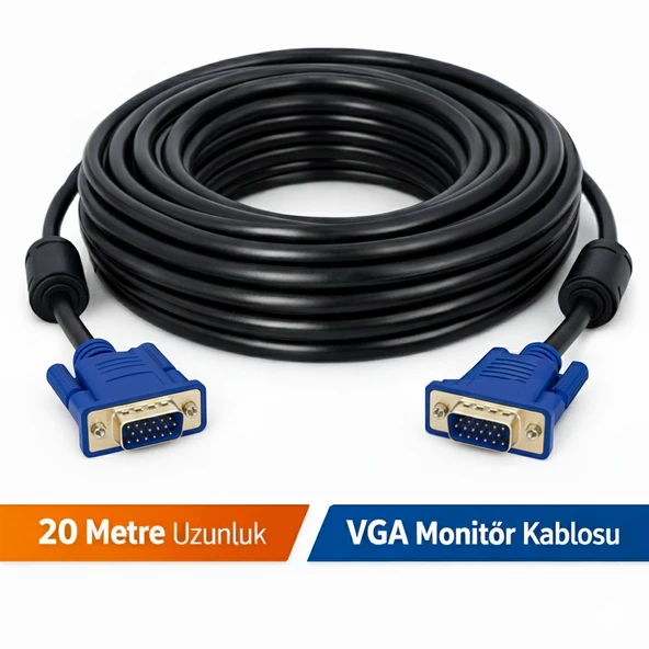 Gabble VGA Monitör Ekran Kablosu 20 Metre – Parazit Önleyici Filtreli ürün görseli 1