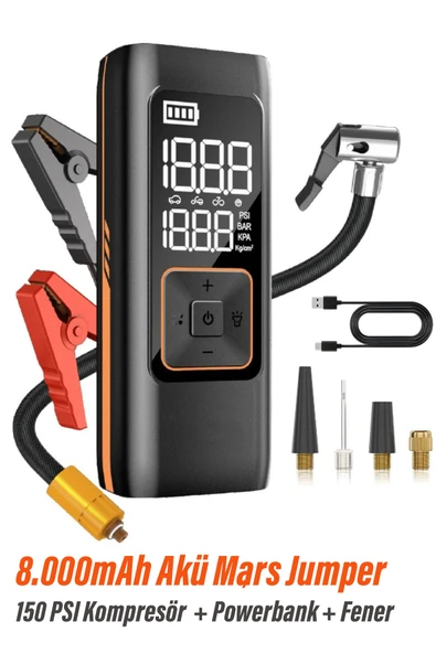 Akü Takviye Jump Starter 8000mAh Araç Marş Basma Cihazı Takviye Kompresör Lastik Şişirme Hava Pompas ürün görseli 1
