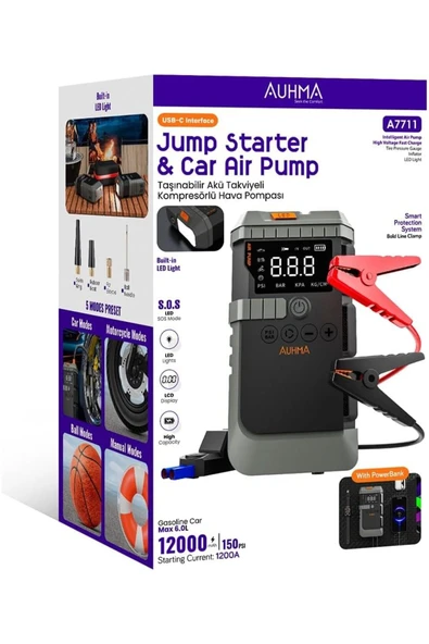 AUHMA A7711 Jump Starter&Car Air Pump Akü Takviye ve Pompa,Powerbank, Led Işık Led Ekran 4'ü 1 Arada ürün görseli 1