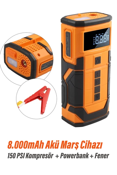 Akü Takviye Cihazı Hava Kompresörü Lastik Şişirme 150PSI 800A Güç 8000mAh Powerbank ürün görseli 1