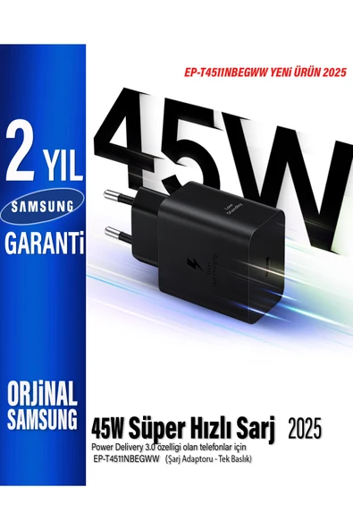 T4511N 45W Type C Süper Hızlı Şarj Adaptörü EP-T4511NBEGWW (Samsung Türkiye Garantili) ürün görseli 1