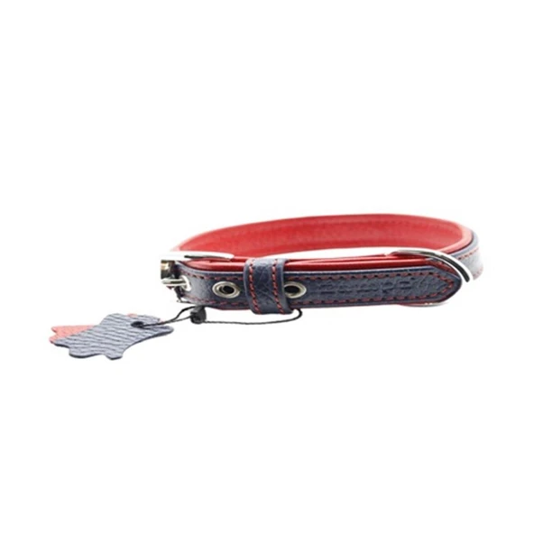 Zampa Yumuşak Dokulu Gerçek Deri Flatiron Köpek Boyun Tasması Lacivert Kırmızı 2x42 Cm ürün görseli 1