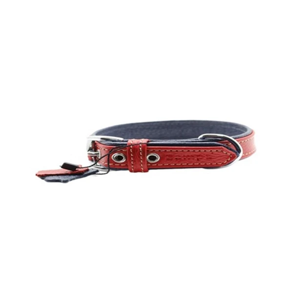 Zampa Yumuşak Dokulu Gerçek Deri Flatiron Köpek Boyun Tasması Kırmızı Lacivert 2x42 Cm ürün görseli 1