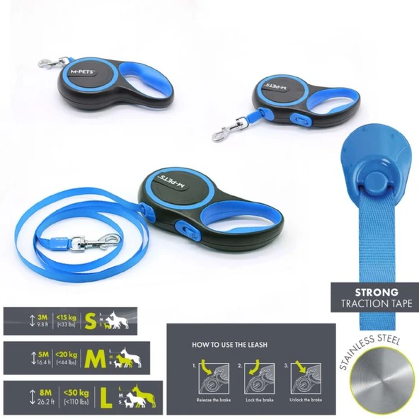 M-Pets Lıberty Otomatik Gezdirme Şerit Blue Medium 5 Metre ürün görseli 1