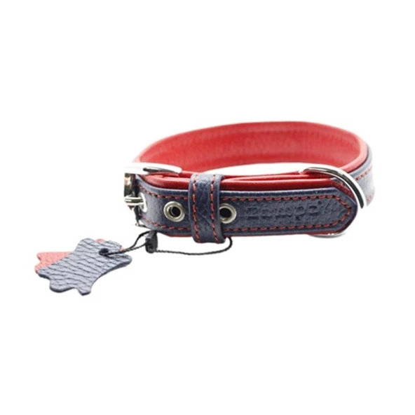 Zampa Yumuşak Dokulu Gerçek Deri Flatiron Köpek Boyun Tasması Lacivert Kırmızı 2,5x47 Cm ürün görseli 1
