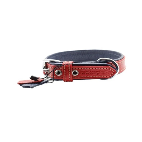 Zampa Yumuşak Dokulu Gerçek Deri Flatiron Köpek Boyun Tasması Kırmızı Lacivert 2,5x47 Cm ürün görseli 1