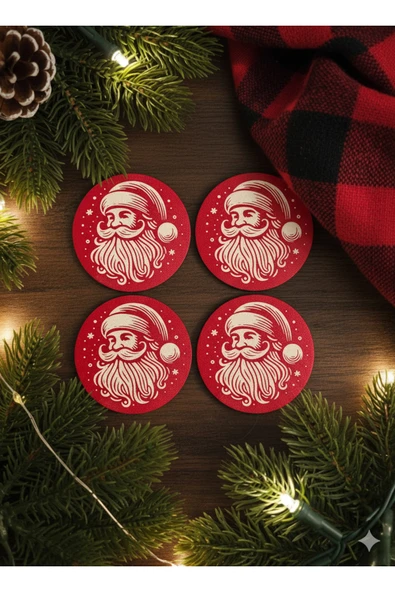 Yılbaşı Konseptli Noel Baba Desenli Kırmızı Beyaz Bardak Altlığı (4lü Set) ürün görseli 1