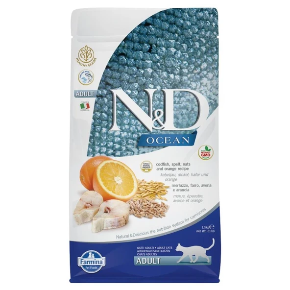 N&D Düşük Tahıllı Balıklı Portakallı Yetişkin Kedi Maması 1.5 Kg ürün görseli 1