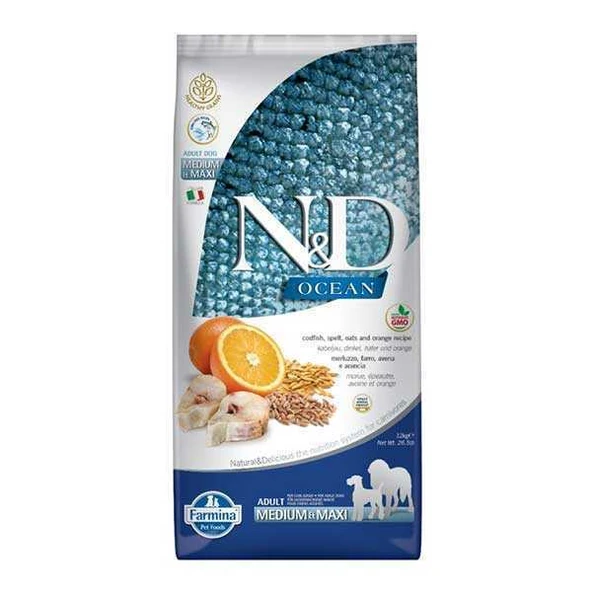 ​N&D Düşük Tahıllı Ocean Morina Balıklı Portakallı Köpek Maması 12 Kg ürün görseli 1