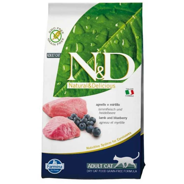 N&D Kuzu Etli Yaban Mersinli Tahılsız Yetişkin Kedi Maması 5 Kg ürün görseli 1