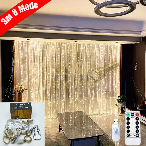USB Kumandalı LED Perde Işık 3 Metre Gün Işığı 8 Mod – Yılbaşı, Oda ve Ev Dekorasyonu ürün görseli 1