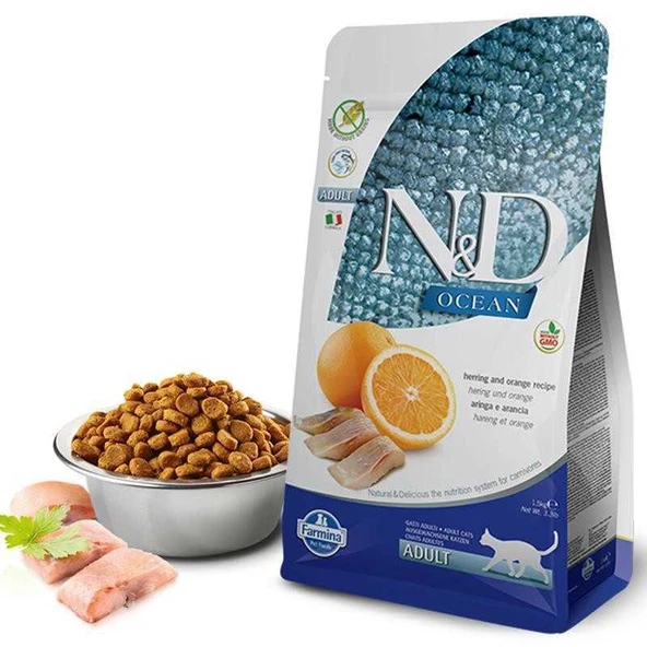 N&D Tahılsız Okyanus Ringa Balığı ve Portakallı Yetişkin Kedi Maması 1,5 Kg ürün görseli 1