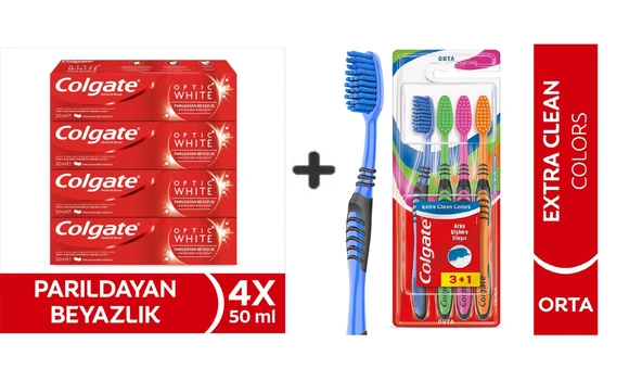 Colgate Optic White Parıldayan Beyazlık 50 ml x4 Adet + Extra Clean Colors Diş Fırçası 3+1 ürün görseli 1