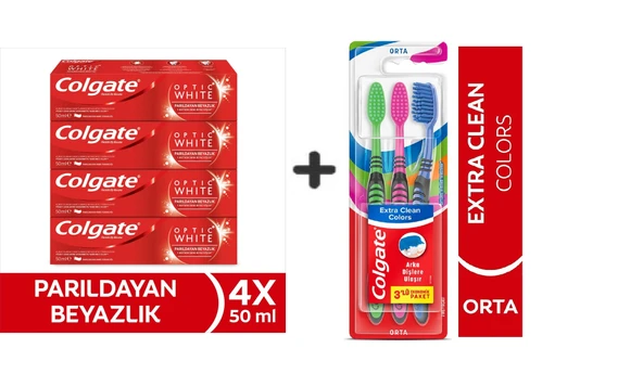 Colgate Optic White Parıldayan Beyazlık 50 ml x4 Adet + Extra Clean Colors Diş Fırçası 3lü ürün görseli 1