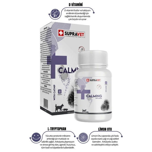 Supravet Kedi ve Köpekler için Sakinleştirici Calming Tablet + Vitamin D 75 Tablet ürün görseli 1