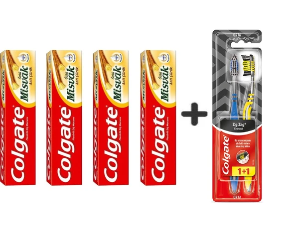 Colgate Diş Macunu Misvak 75 ml 4 Adet + Zig Zag Charcoal 1+1 Orta Sert Diş Fırçası ürün görseli 1