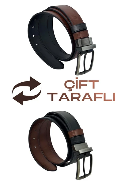 Kahverengi / Siyah Çift Taraflı Suni Deri 4 cm. Genişlik Dönerli Tokalı Spor Erkek Kemer - 7110-13 ürün görseli 1