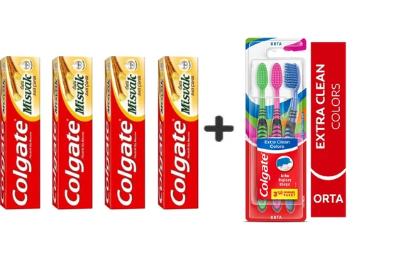 Colgate Diş Macunu Misvak 75 ml 4 Adet + Extra Clean Colors Diş Fırçası 3lü ürün görseli 1