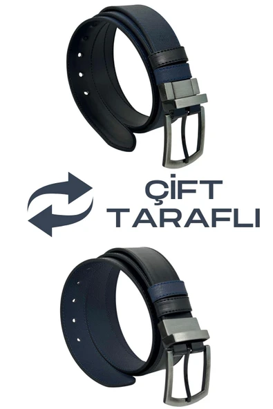 Lacivert / Siyah Çift Taraflı Suni Deri 4 cm. Genişlik Dönerli Tokalı Spor Erkek Kemer // 7110-47 ürün görseli 1
