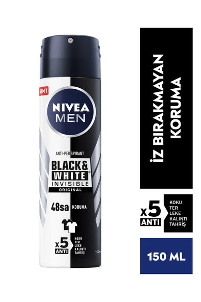 Nivea Men Erkek Sprey Deodorant Black&white Invisible Original 150ml,48 Saat Anti-perspirant Koruma ürün görseli 1